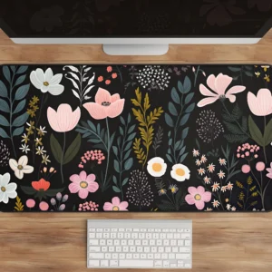 Cottagecore Pink Flower Print Desk Mat 31x15.5 Inch Black Edge