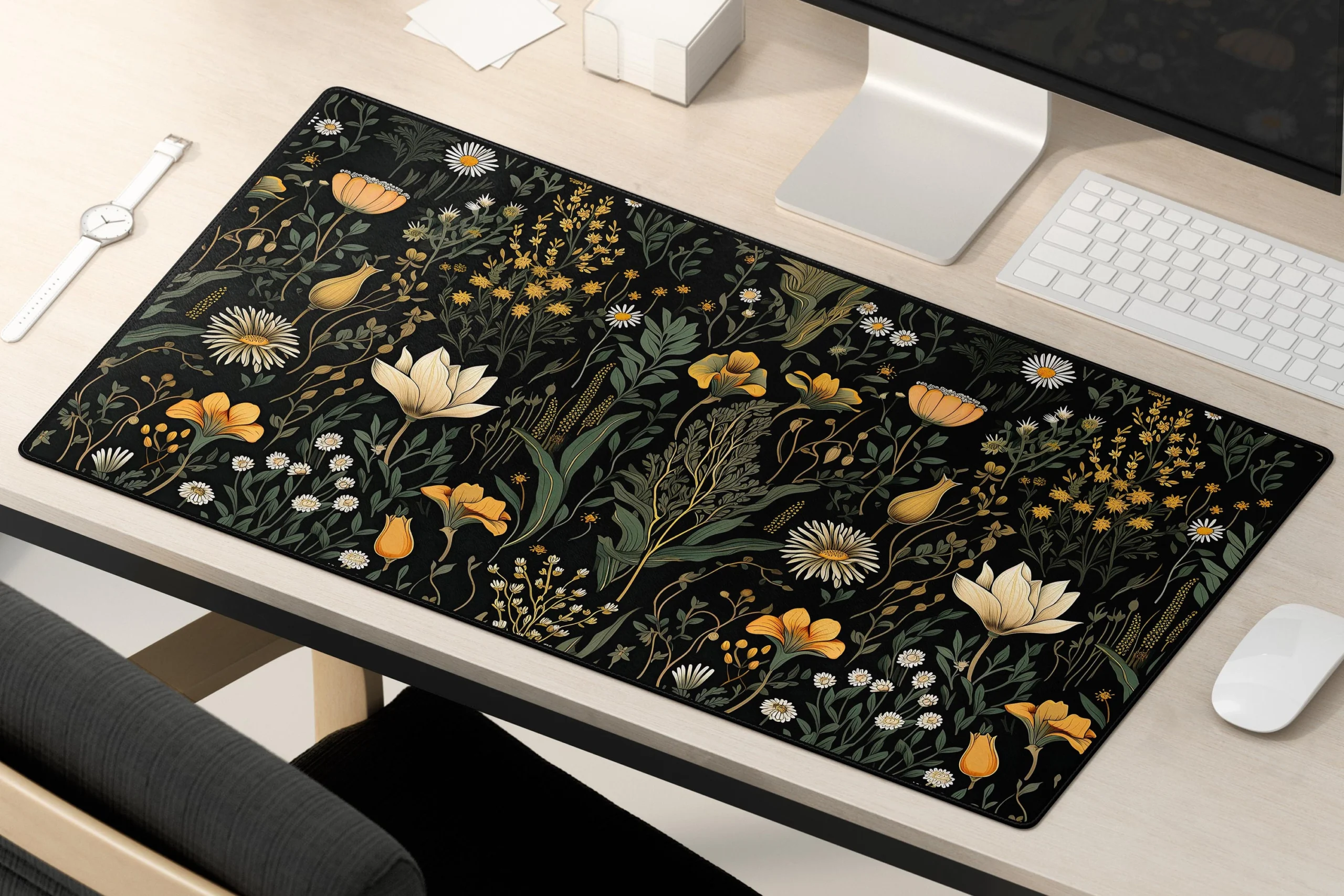 Dark Botanical Floral Desk Mat 31x15.5 Inch Black Edge Dark Botanical Floral Desk Mat 31x15.5 Inch Black Edge