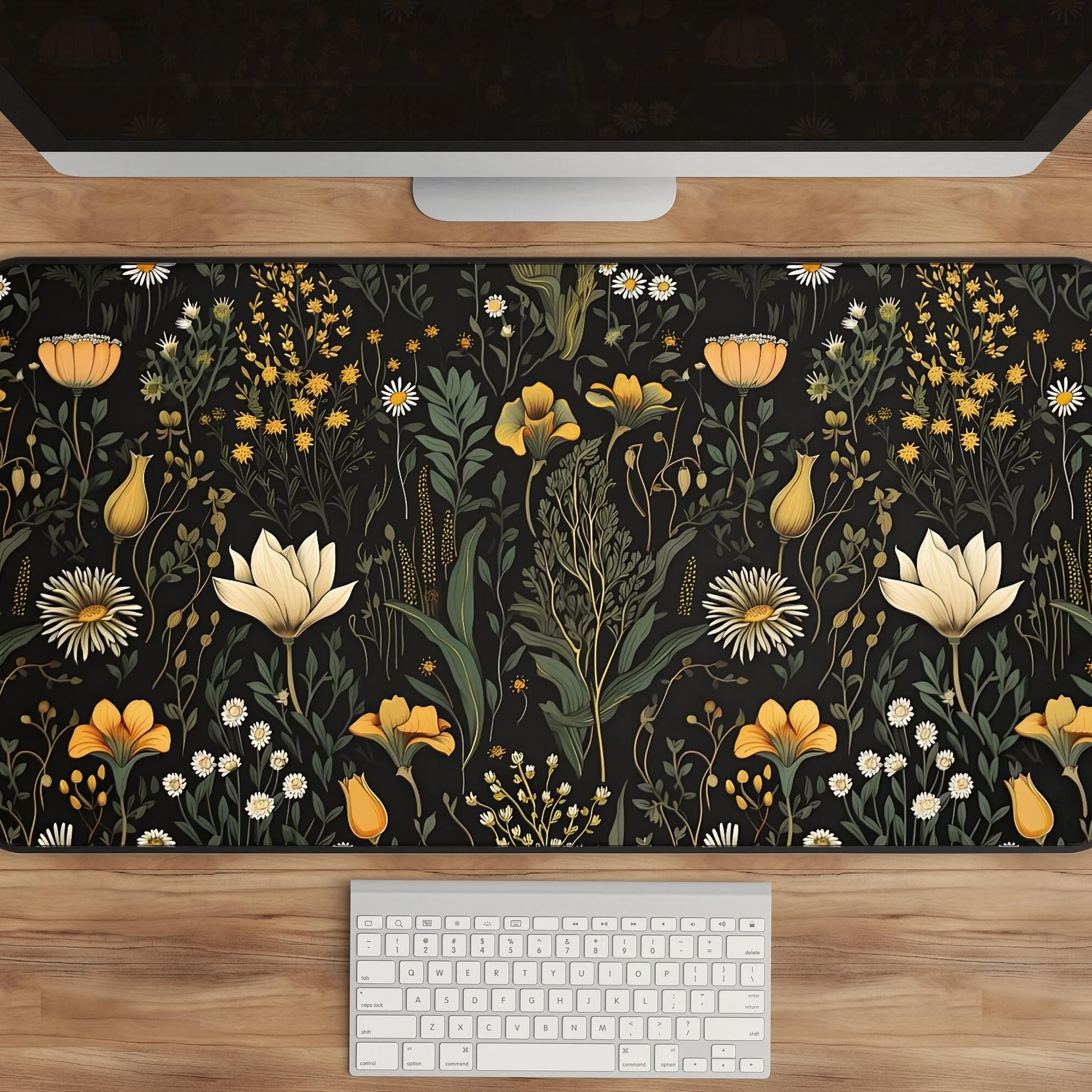 Dark Botanical Floral Desk Mat 31x15.5 Inch Black Edge Dark Botanical Floral Desk Mat 31x15.5 Inch Black Edge