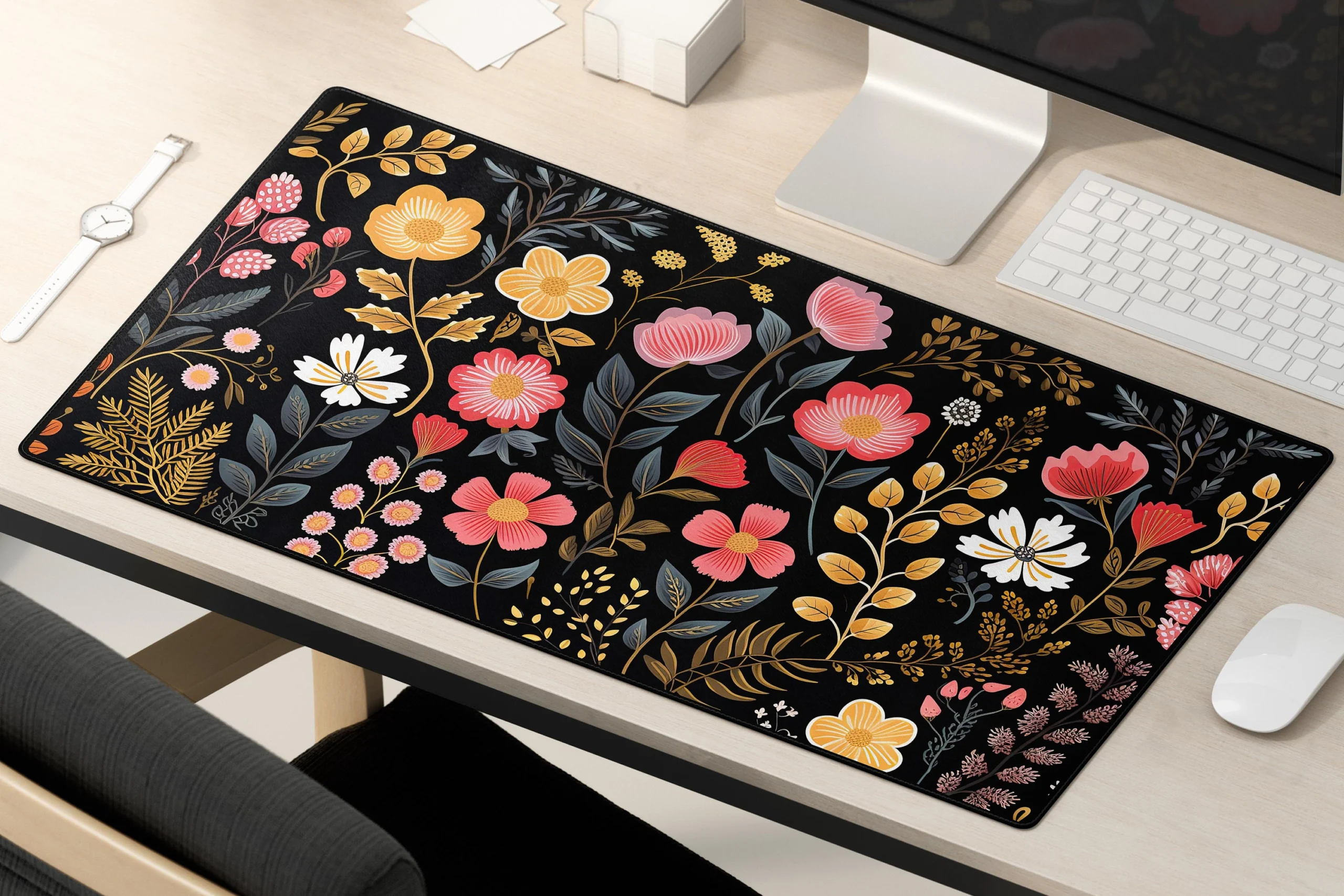 Enchanting Pink Yellow Floral Desk Mat 31x15.5 Inch Black Edge Enchanting Pink Yellow Floral Desk Mat 31x15.5 Inch Black Edge