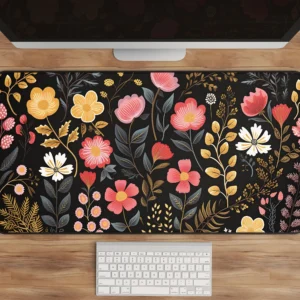 Enchanting Pink Yellow Floral Desk Mat 31x15.5 Inch Black Edge