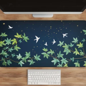 Green Vines and White Birds Desk Mat 31x15.5 Inch