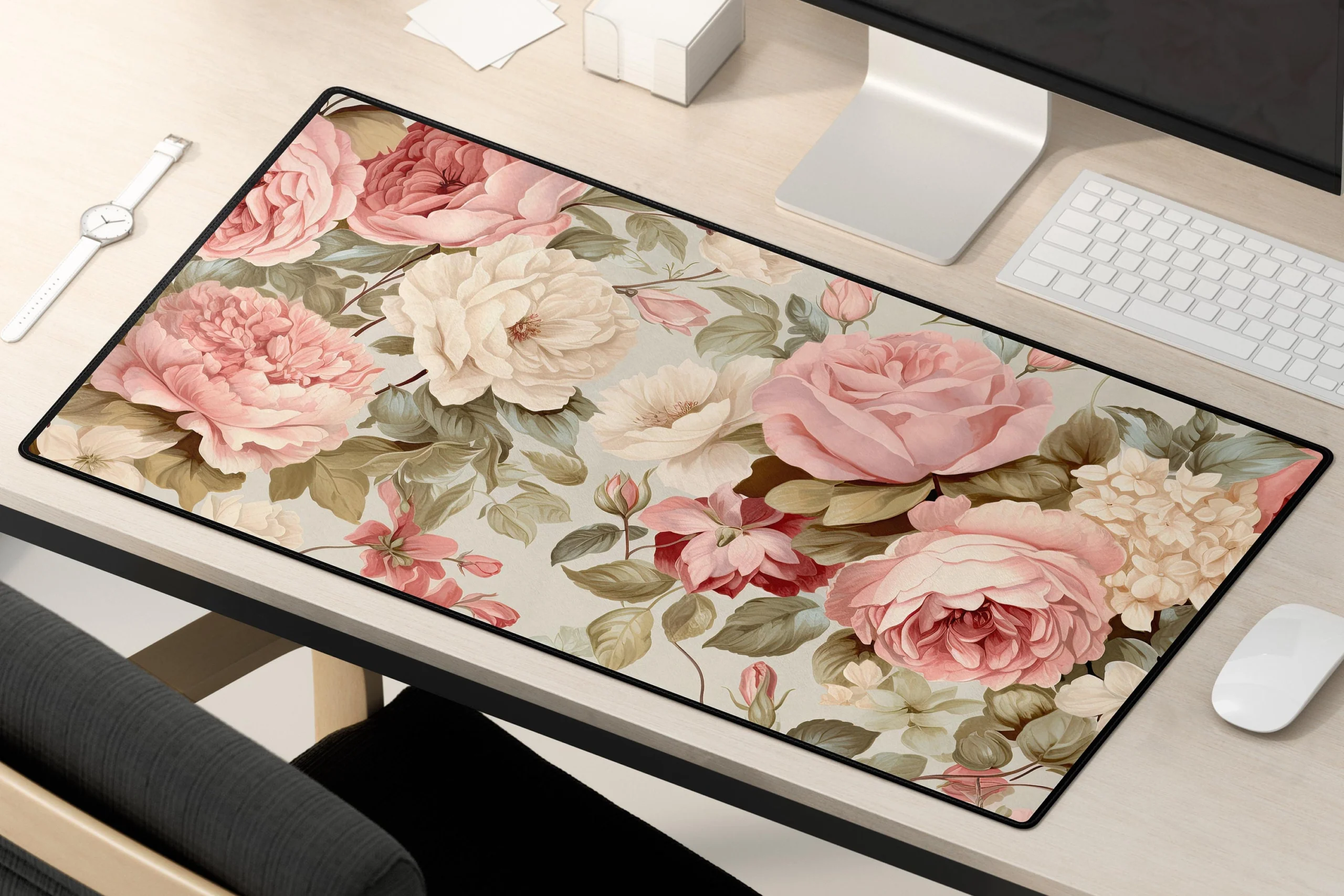 Light Pink Roses Green Leaves Desk Mat 31x15.5 Inch Black Edge Light Pink Roses Green Leaves Desk Mat 31x15.5 Inch Black Edge