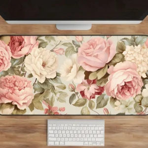 Light Pink Roses Green Leaves Desk Mat 31x15.5 Inch Black Edge