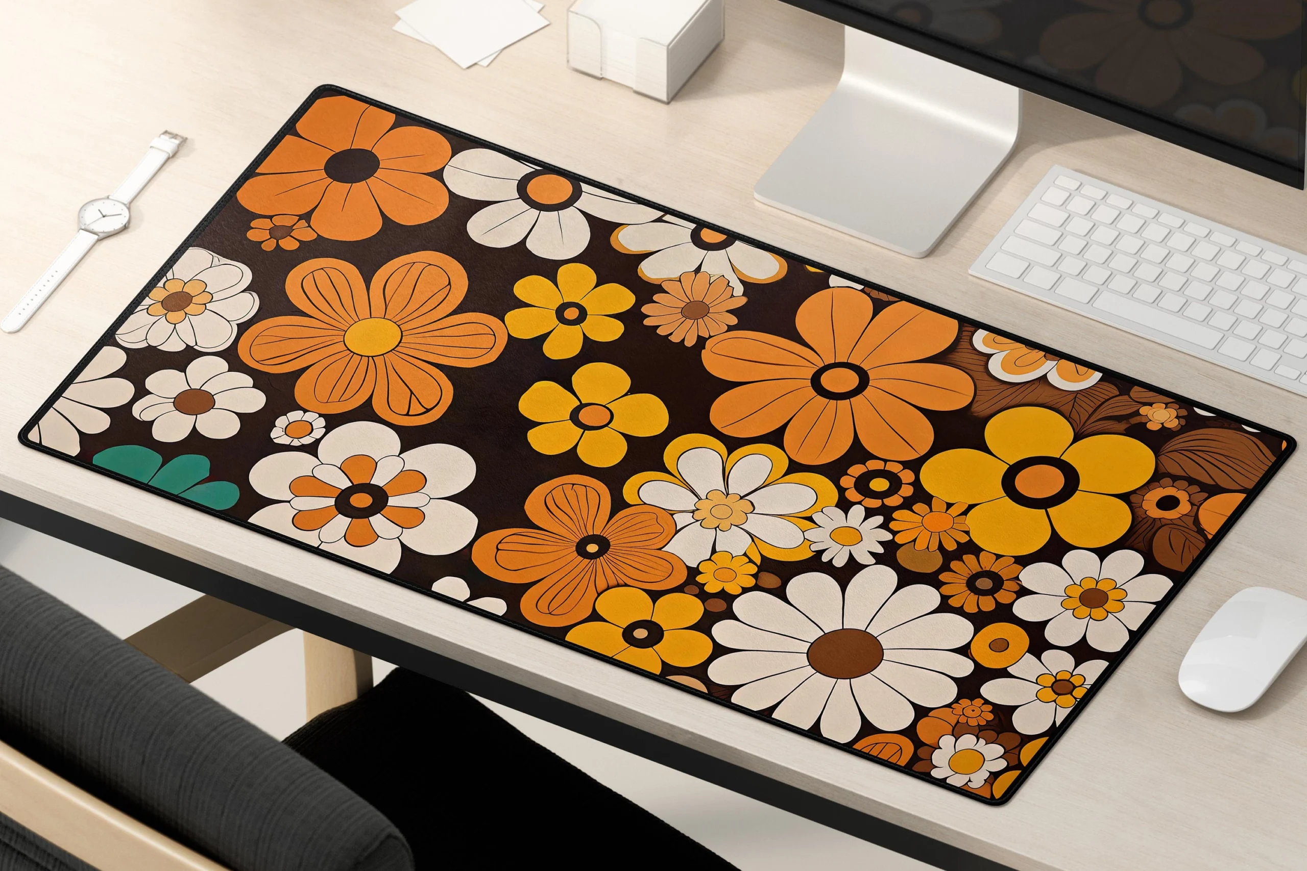 Retro 70s Daisy Desk Mat 31x15.5 Inch Black Edge Retro 70s Daisy Desk Mat 31x15.5 Inch Black Edge