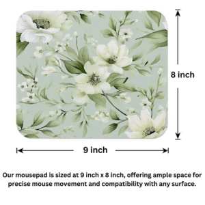 Sage Green White Floral Pattern Mouse Pad 9x8 Inch