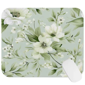 Sage Green White Floral Pattern Mouse Pad 9x8 Inch
