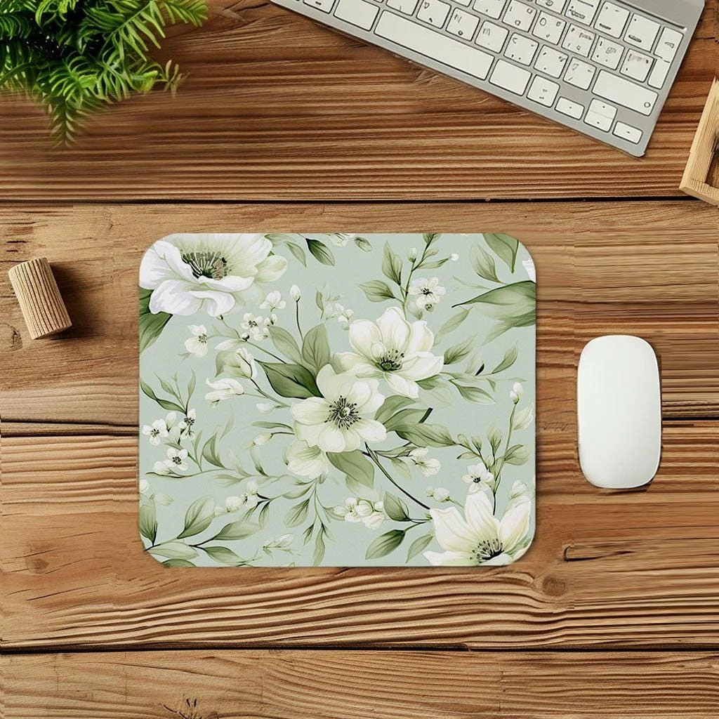 Sage Green White Floral Pattern Mouse Pad 9x8 Inch Sage Green White Floral Pattern Mouse Pad 9x8 Inch